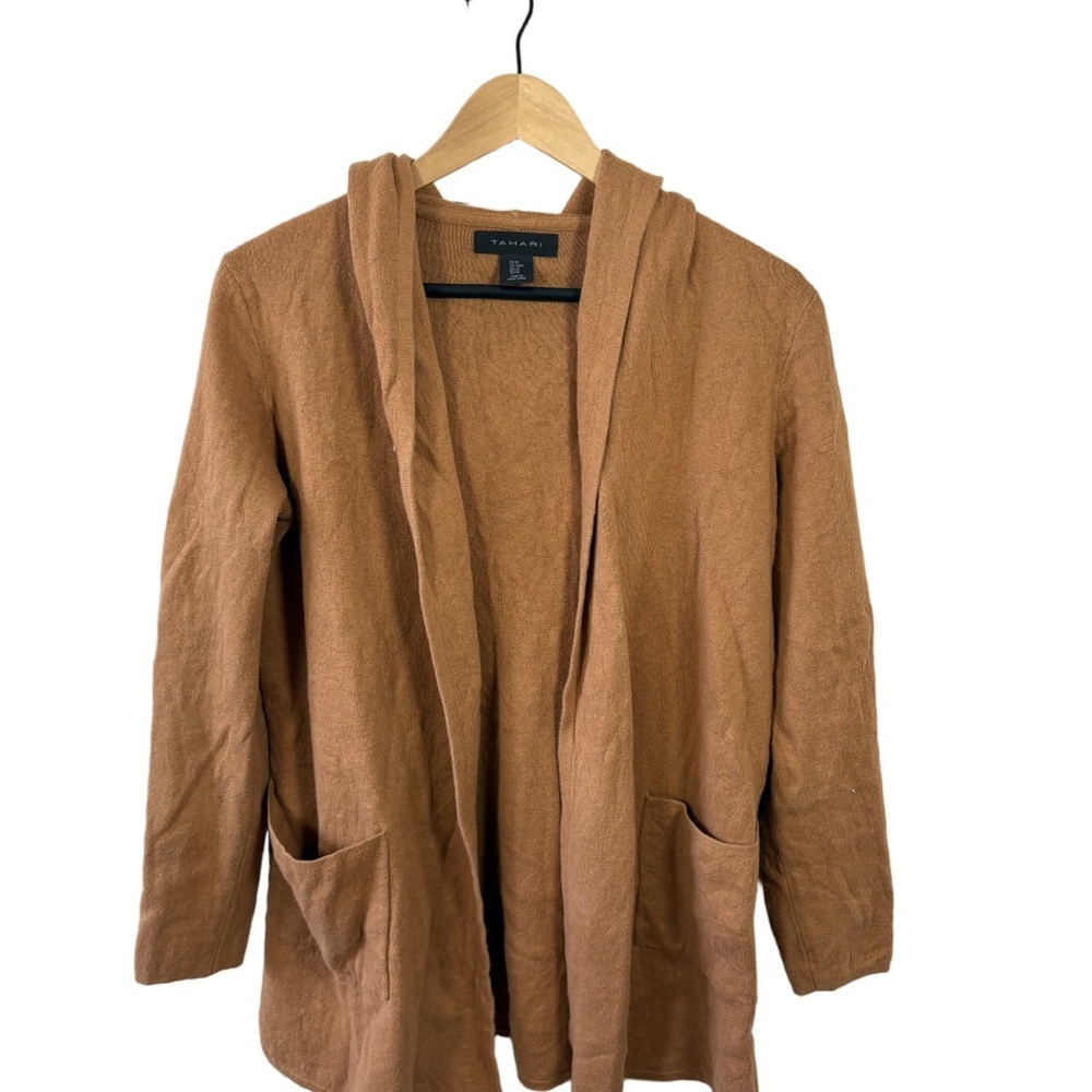 Tahari Camel Hooded Open Front Cardigan Sweater Pockets M